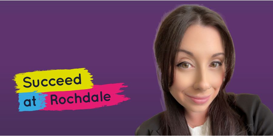 A person smiling next to the words 'Succeed at Rochdale'