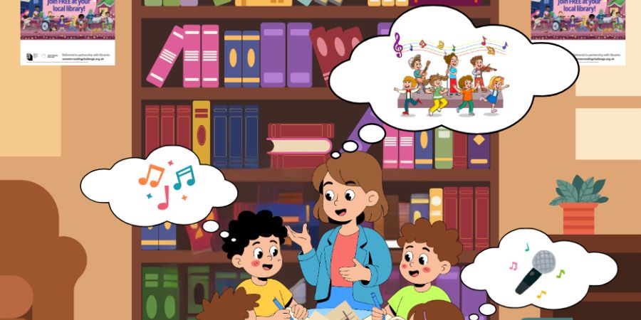 A teacher is talking to children in front of a bookshelf. Thought bubbles above the children show musical notes, a band playing instruments, and a microphone.