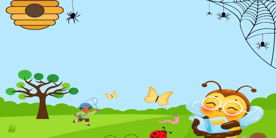 Illustrated bee reading a book on a sunny day.