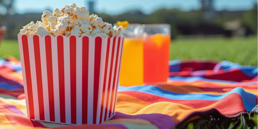 A picnic blanket is spread on the grass with a box of popcorn and two glasses of juice on it under a clear blue sky.