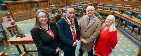 Councillor Rachel Massey, Councillor Shakil Ahmed, mayor of Rochdale, Councillor Neil Emmott, leader of the council and Councillor Sue Smith in Rochdale Town Hall.
