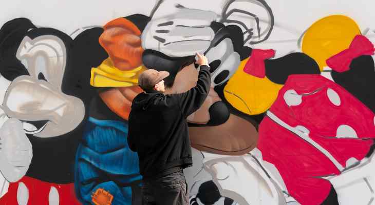 Artist creating a mural with spray paint.