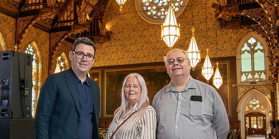 Andy Burnham, Councillor Sue Smith and Councillor Neil Emmott in Rochdale Town Hall.