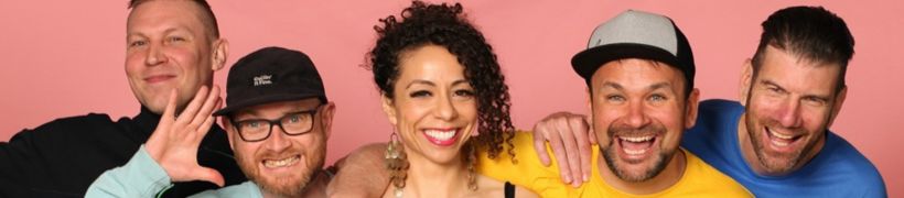 Five people against a pink background.