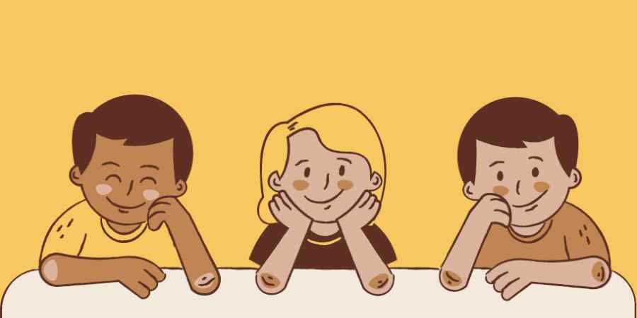 Three illustrated children sat waiting to be read a story.