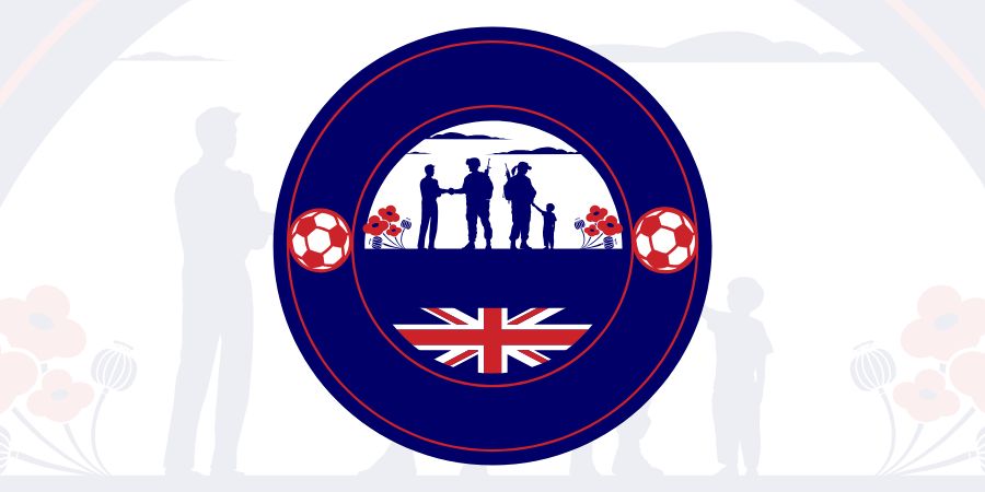 The british flag and the silhouette of veterans shaking hands.