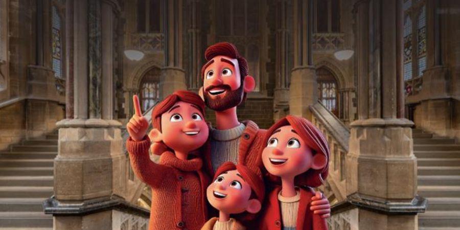 An animated family is standing in front of stairs in a historic building.