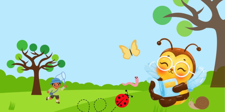 Illustrated bee reading a book on a sunny day.