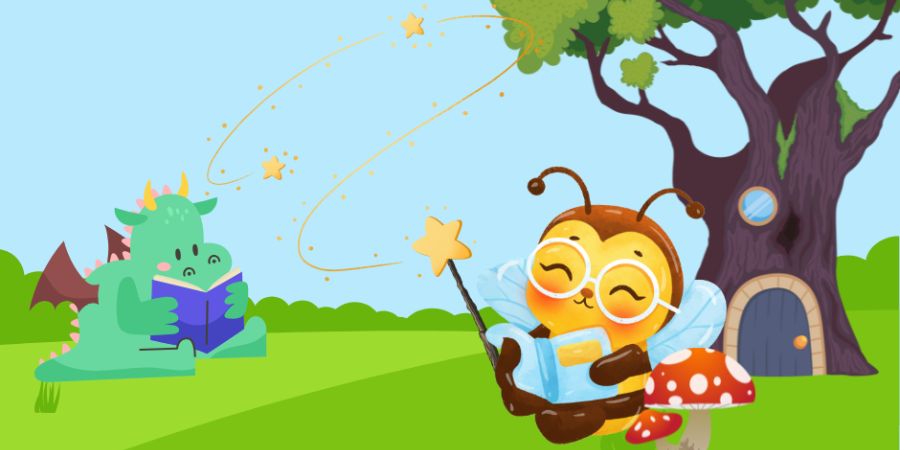An illustrated bee sat next to a tree stump reading a book.
