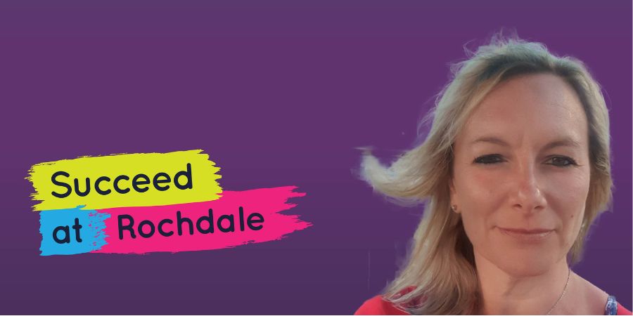 A person smiling next to the words 'Succeed at Rochdale'