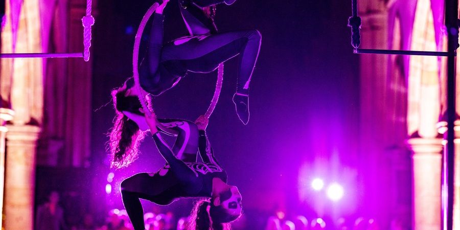2 aerialists in dark, patterned costumes perform a routine suspended from ropes and a trapeze bar, illuminated by vibrant purple stage lights. Copyright Ian Hodgson.