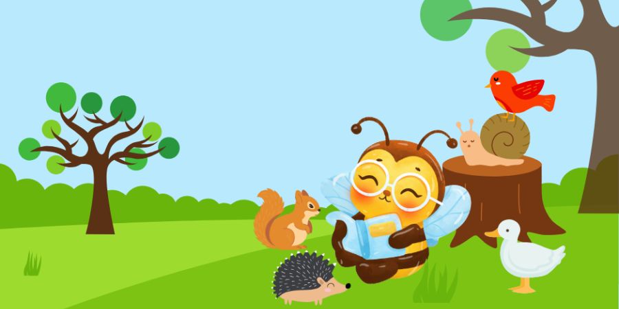 An illustrated bee sat next to a tree stump reading a book.