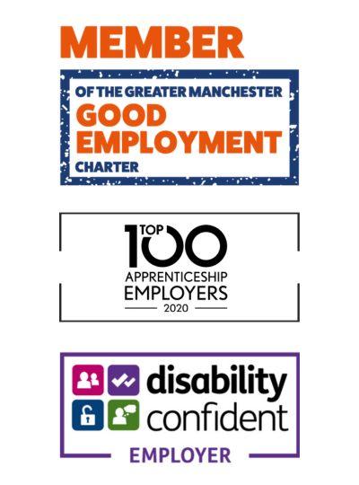 3 Award logos, Member of the Greater Manchester Good Employment Charter, Top 100 Apprenticeship Employers 2020, Disability Confident Employer.