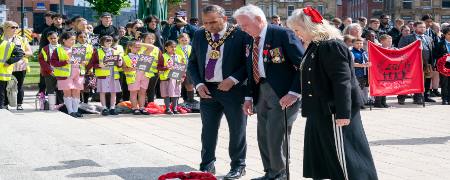 Councillor Shakil Ahmed, Kenneth Wright and Louise Scott at the Cenotaph.