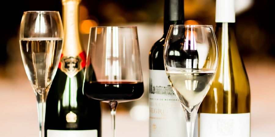 Wine bottles and glasses.