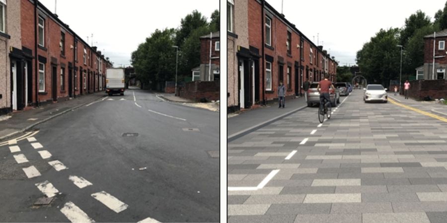 A side by side photo of New Barn Lane in Rochdale, with an artist's impression of what it would look like after improvements.