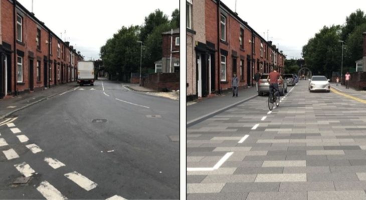 A side by side of a street in Rochdale, with an artist's impression of the street after improvements.
