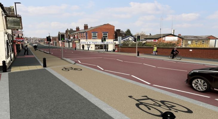 An artist&#039;s impression of planned cycle lanes near Castleton Railway Station.