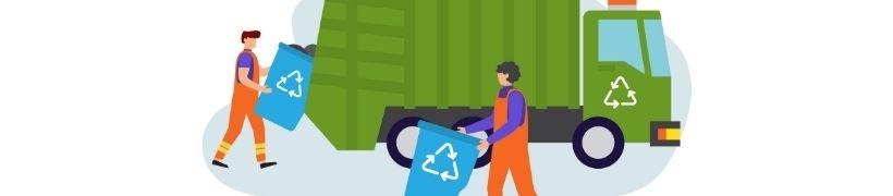Cartoon drawing of waste collection people emptying bins