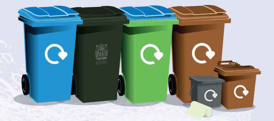 Illustration of household bins used in the borough of Rochdale.