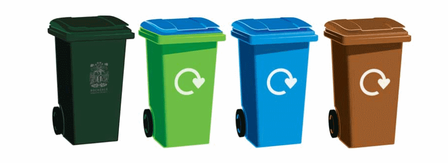 The 4 types of bins you should have, general waste, cans and bottles, paper and food or garden waste.