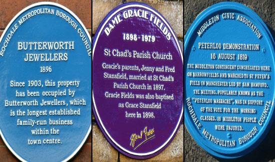 blue and purple plaques to commemorate - Butterworth Jewellers, Dame Gracie Fields and Peterloo demonstration