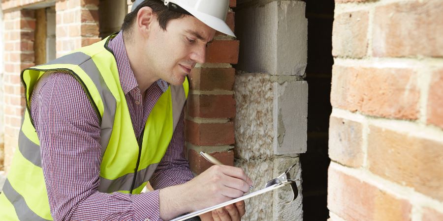 An engineer assessing a building under construction. 