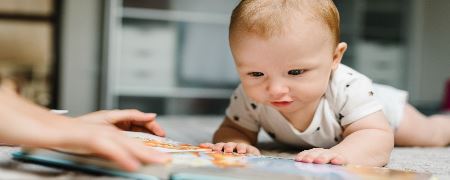 A baby examining a picture book.