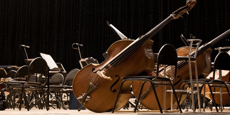 Double basses in an empty concert hall leaning against the players chairs.