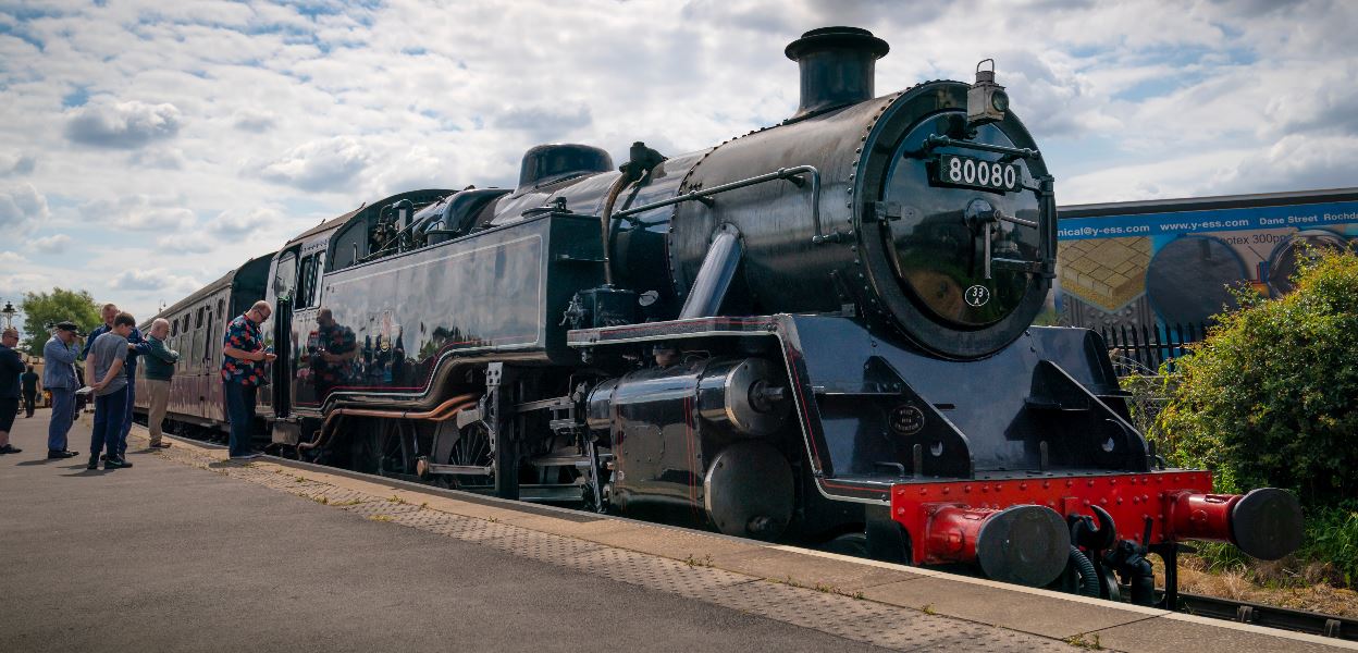 A steam train at the East Lancashire Railway station in Heywood.