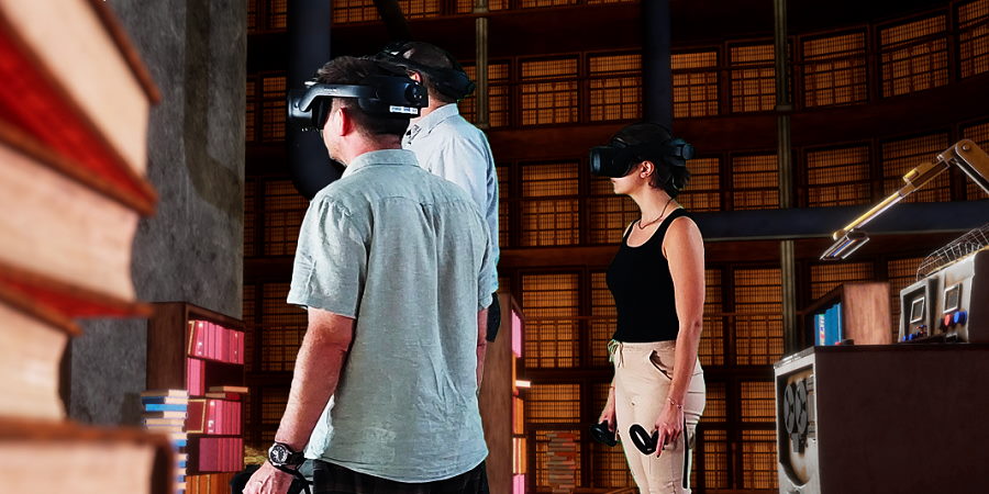 2 players wearing virtual reality headsets.