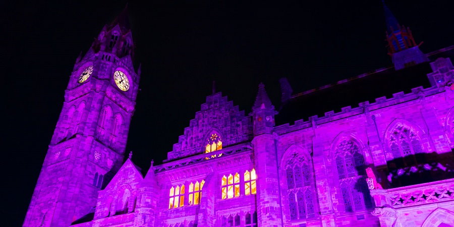 Rochdale Town Hall lit up at night.