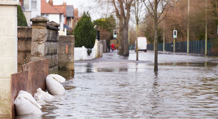 A flooded residential street.