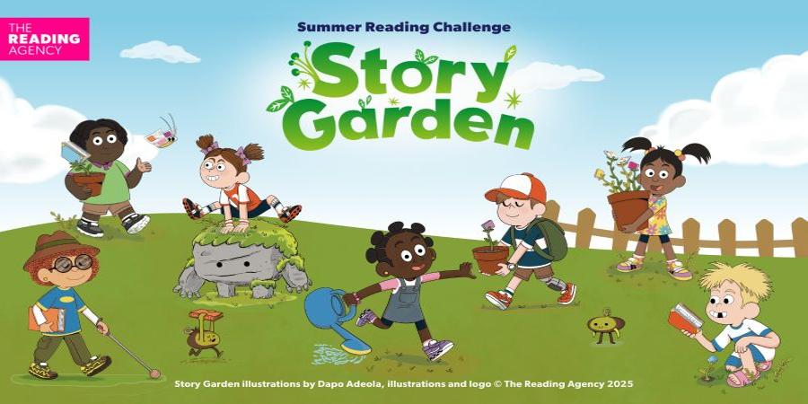 Illustration for the 'Summer Reading Challenge: Story Garden' featuring children engaged in gardening activities such as watering plants, planting seeds, observing insects, and looking at colorful flowers. Artwork by Dapo Adeola.