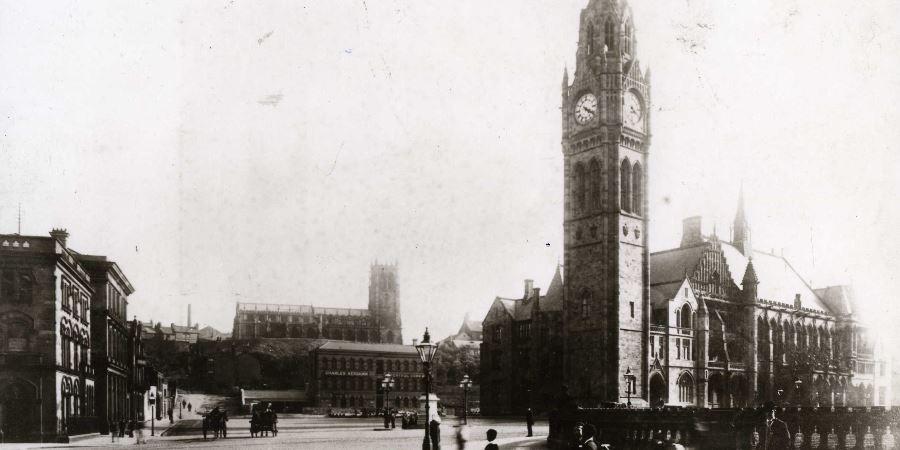 An old photograph of Rochdale Town Hall. 