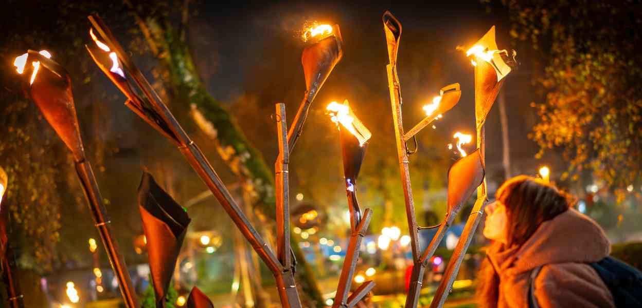 A visitor to Ignite Fire Festival passing an installation of fire breathing flowers.