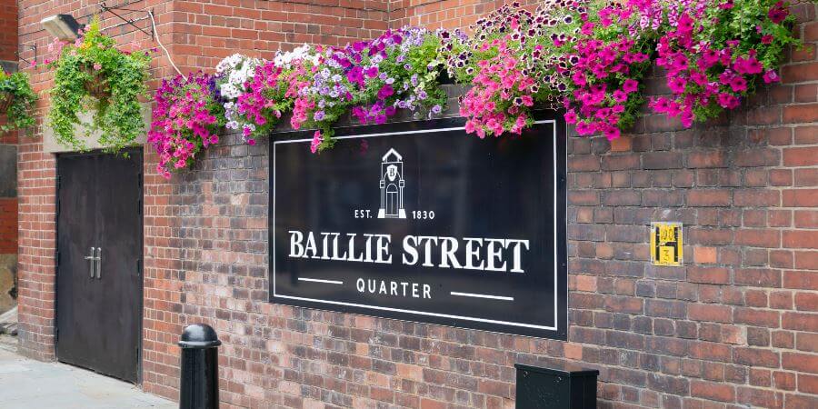 A floral display on Baillie Street in Rochdale town centre.