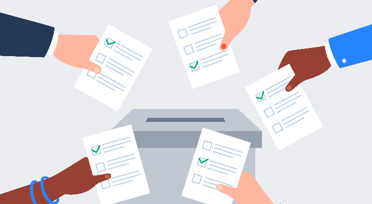 Illustrated hands holding voting slips around a ballot box.