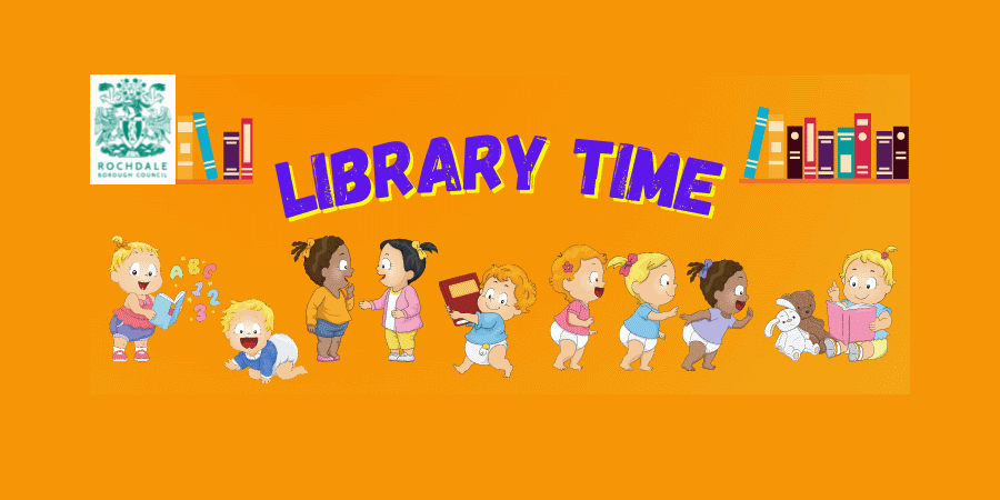 Illustrated babies with text reading, Library Time.