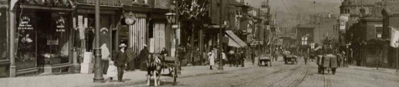 An old busy street scene of Rochdale town centre.