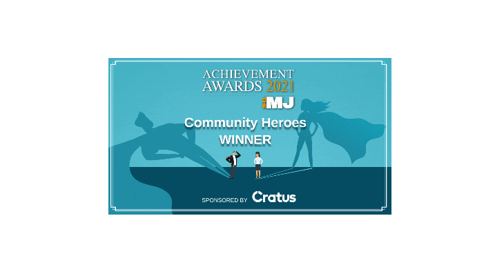 MJ Achievement Awards 2021 logo, Community Heroes Winner, sponsored by Cratus.