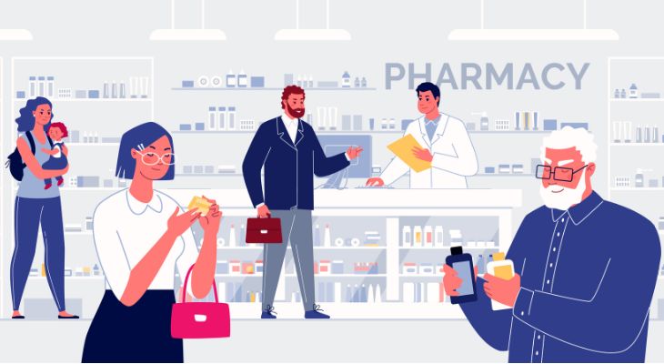 A cartoon of people using a pharmacy.