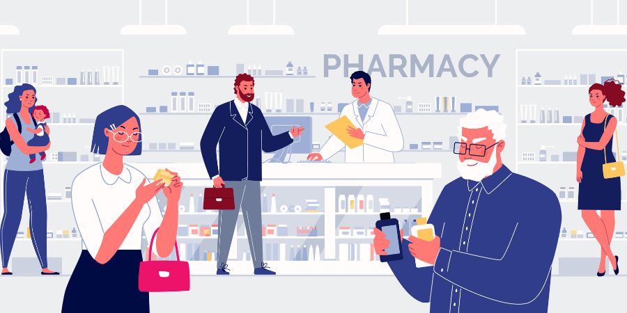 Cartoon of people using their pharmacy.