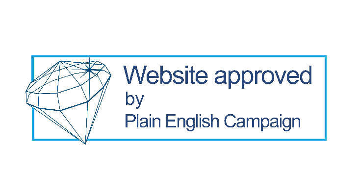 Website approved by Plain English Campaign logo.