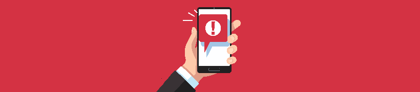 Illustration of a hand holding a mobile phone with an error message icon on screen.