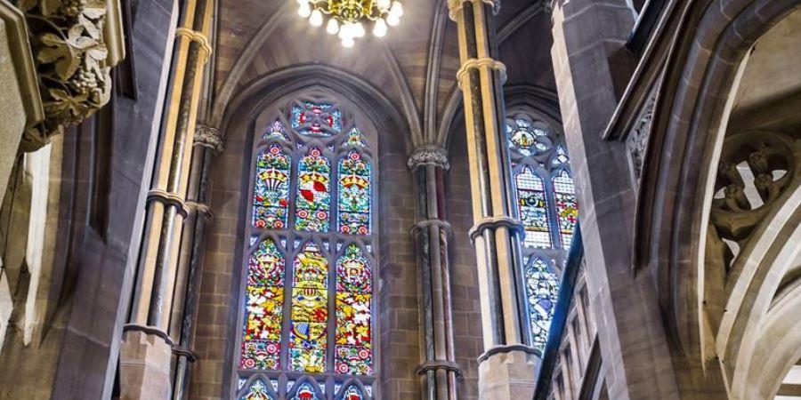 Stained glass window inside Rochdale Town Hall.