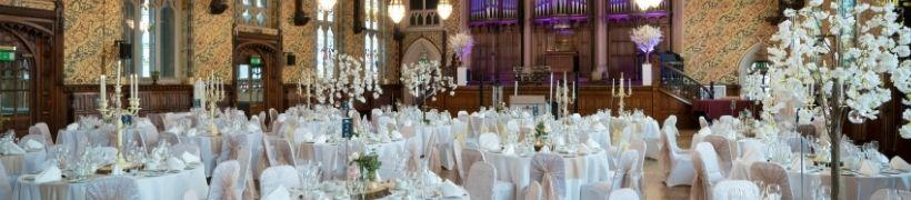 Tables laid ready for a wedding party in Rochdale Town Hall.