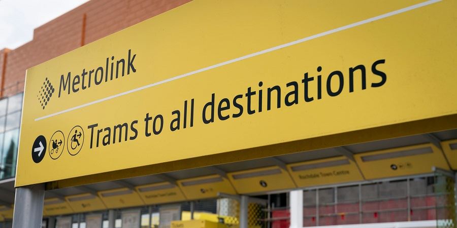 A Metrolink station sign in Rochdale.