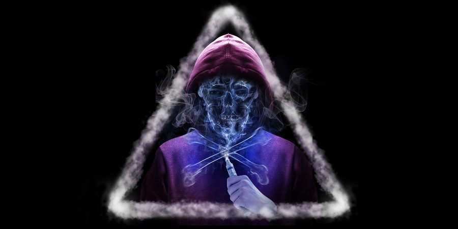 Illustration of a skeleton using a vape, framed in a triangle of vapour.