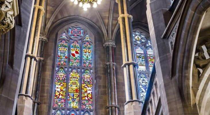 Stained glass window inside Rochdale Town Hall.
